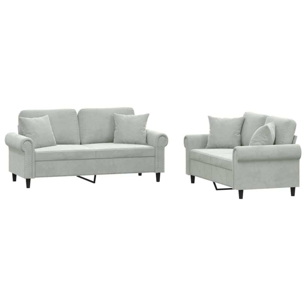 Light Gray Velvet 2 Piece Sofa Set with Throw Pillows I9931