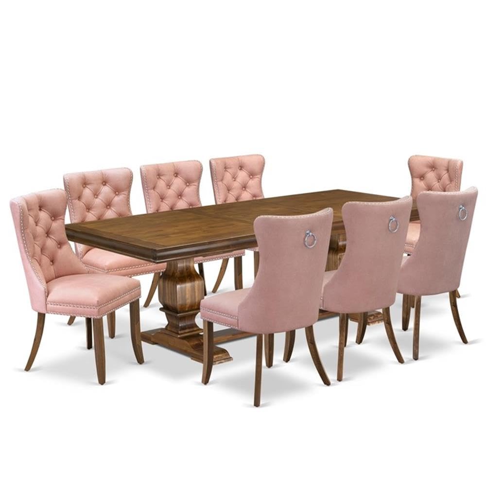 9-Piece Walnut Finish Acacia Wood Dining Set with 8 Beige Faux Leather Chairs A567983