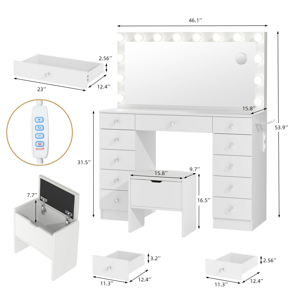 46" Vanity with Lighted Mirror and 11 Drawers X371