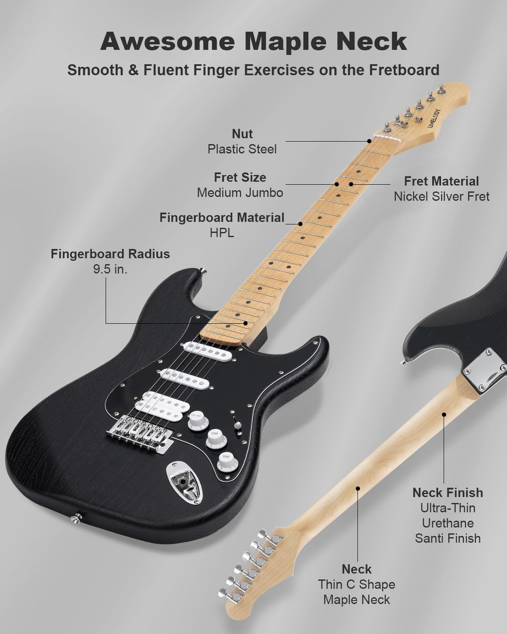 39" Beginner Electric Guitar Kit with Amp & HSS Pickups Black P87440
