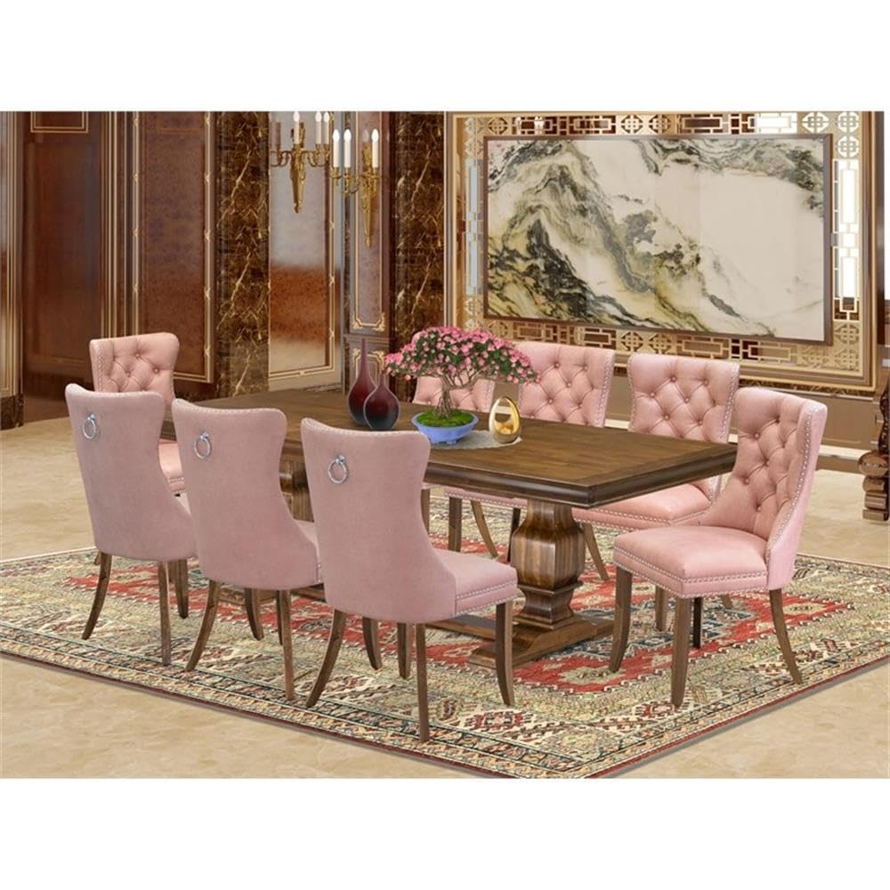 9-Piece Walnut Finish Acacia Wood Dining Set with 8 Beige Faux Leather Chairs A567983