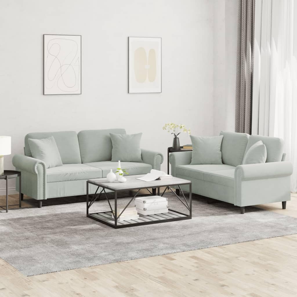 Light Gray Velvet 2 Piece Sofa Set with Throw Pillows I9931
