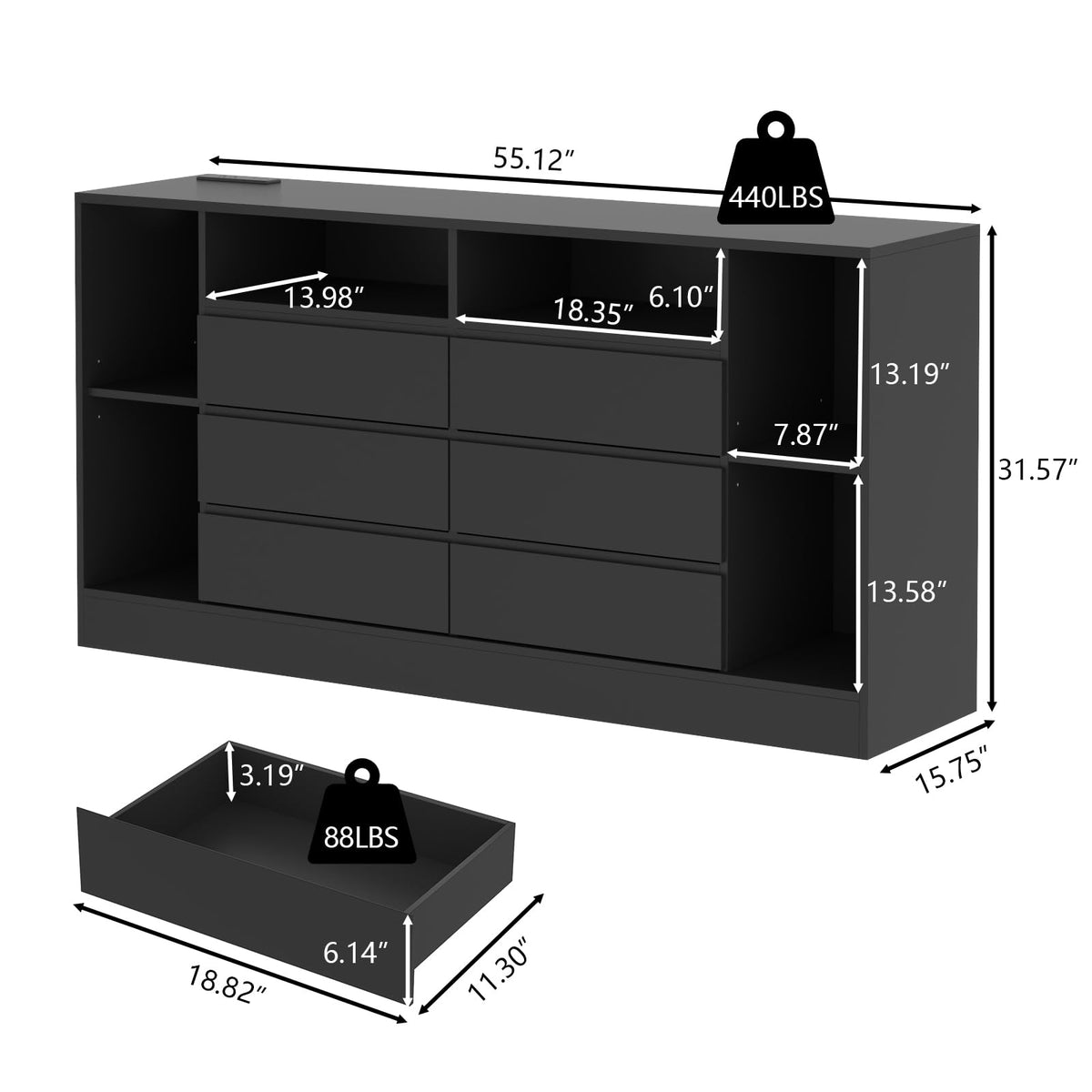 Black 6 Drawer Dresser with Open Storage Cubbies Z6040