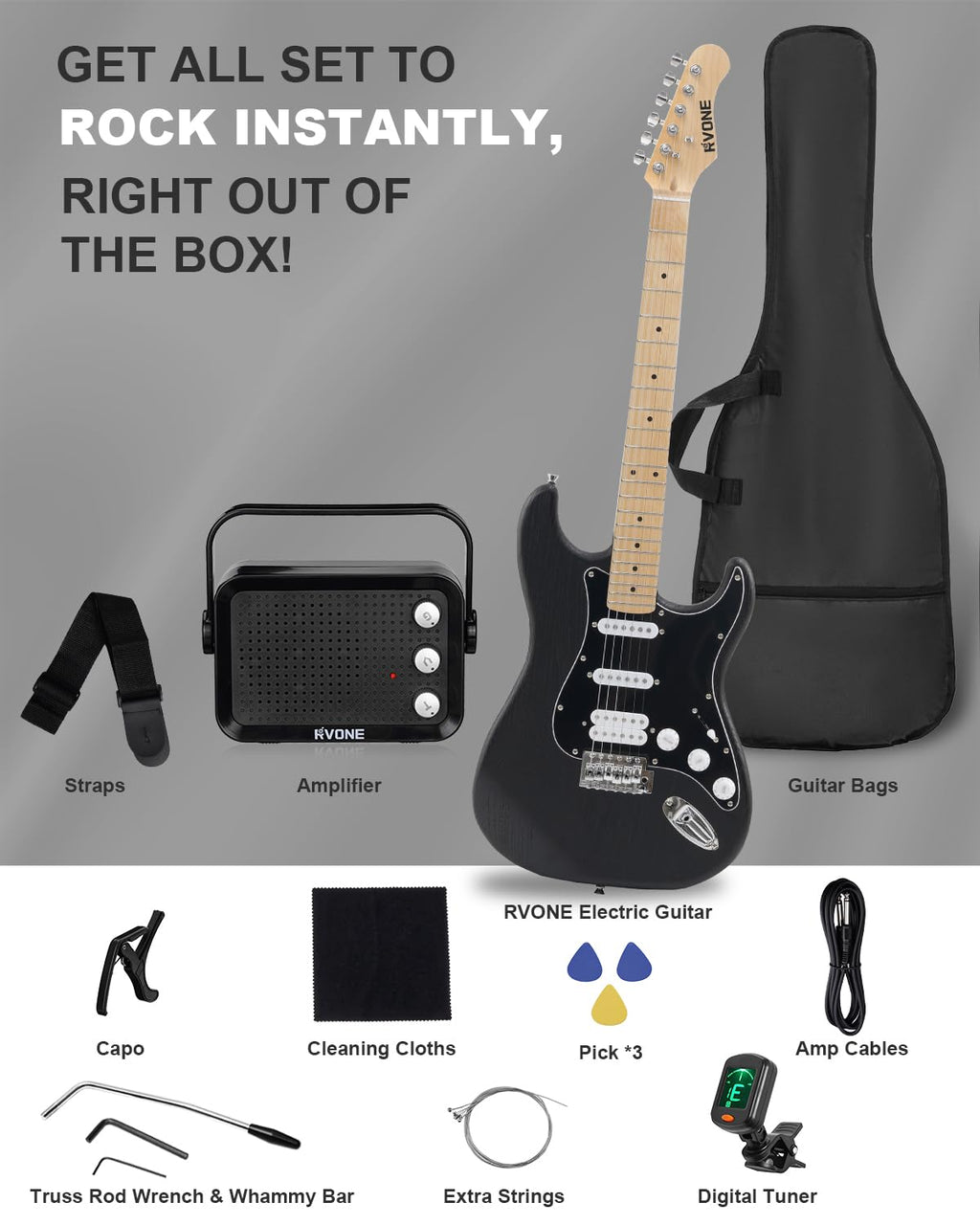 39" Beginner Electric Guitar Kit with Amp & HSS Pickups Black P87440