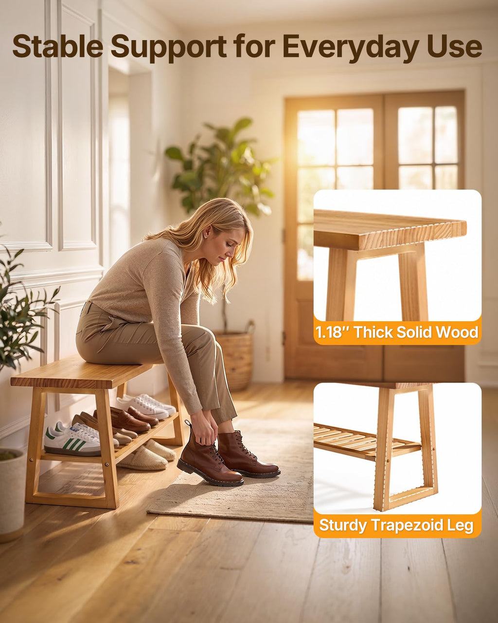 Pine Wood Entryway Bench with Shoe Storage Shelf O49009