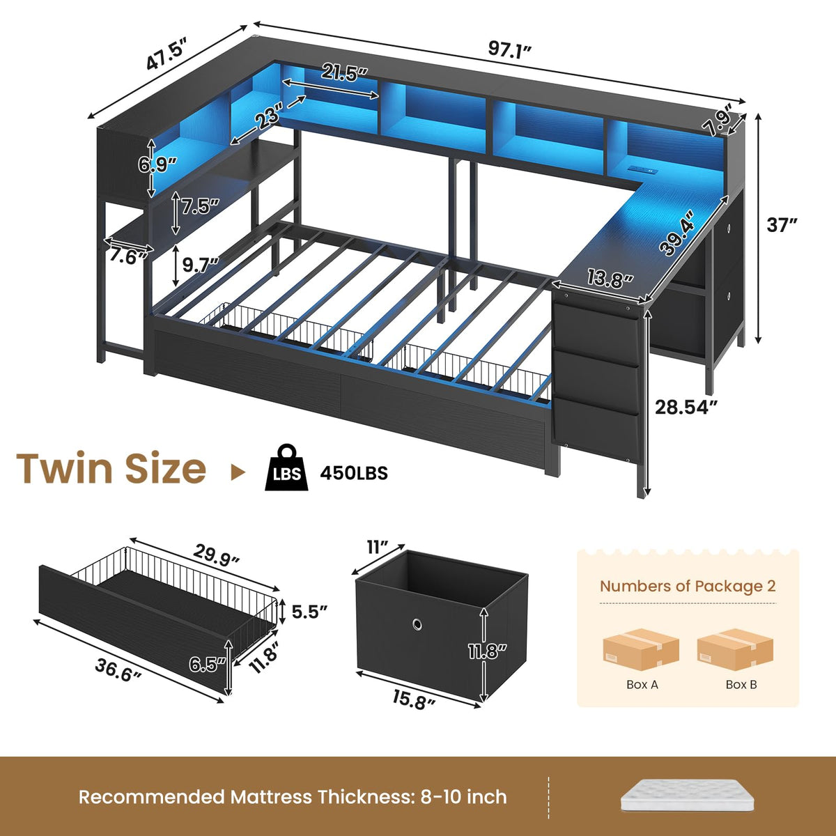 Black Twin Size Corner Bed Frame with Desk and Storage B135