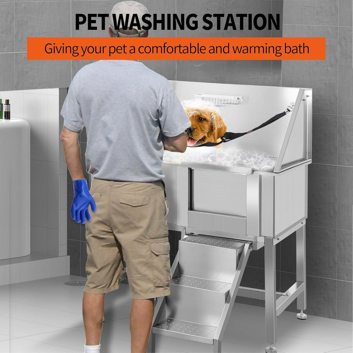 38" Stainless Steel Dog Grooming Tub with Ramp I717