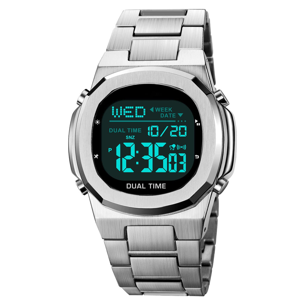 Men's Multifunctional Electronic Outdoor Sports Watch EL Light Large Digital Display Stainless Steel A2336