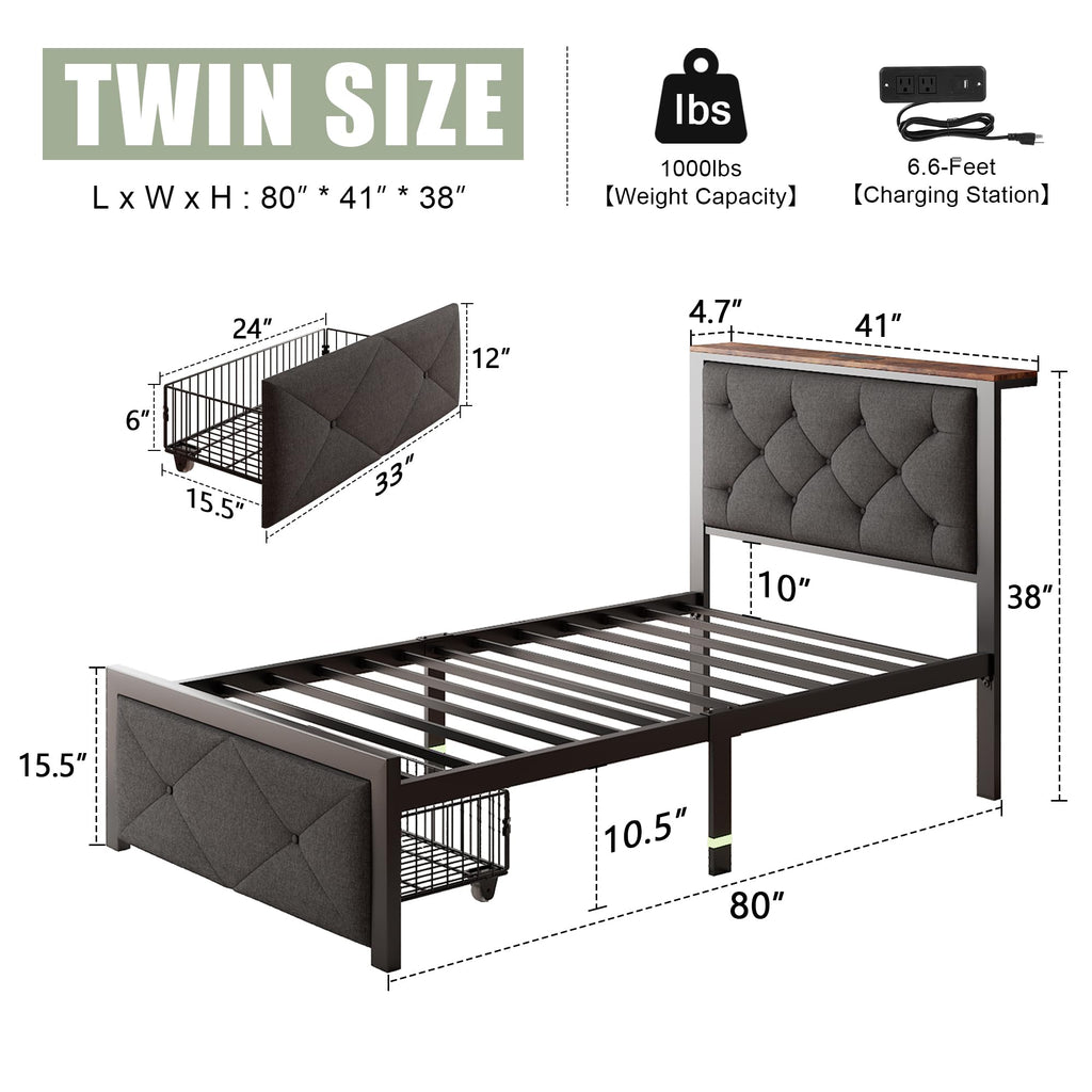 Twin Metal Platform Bed Frame with Storage Drawers and Headboard U9970