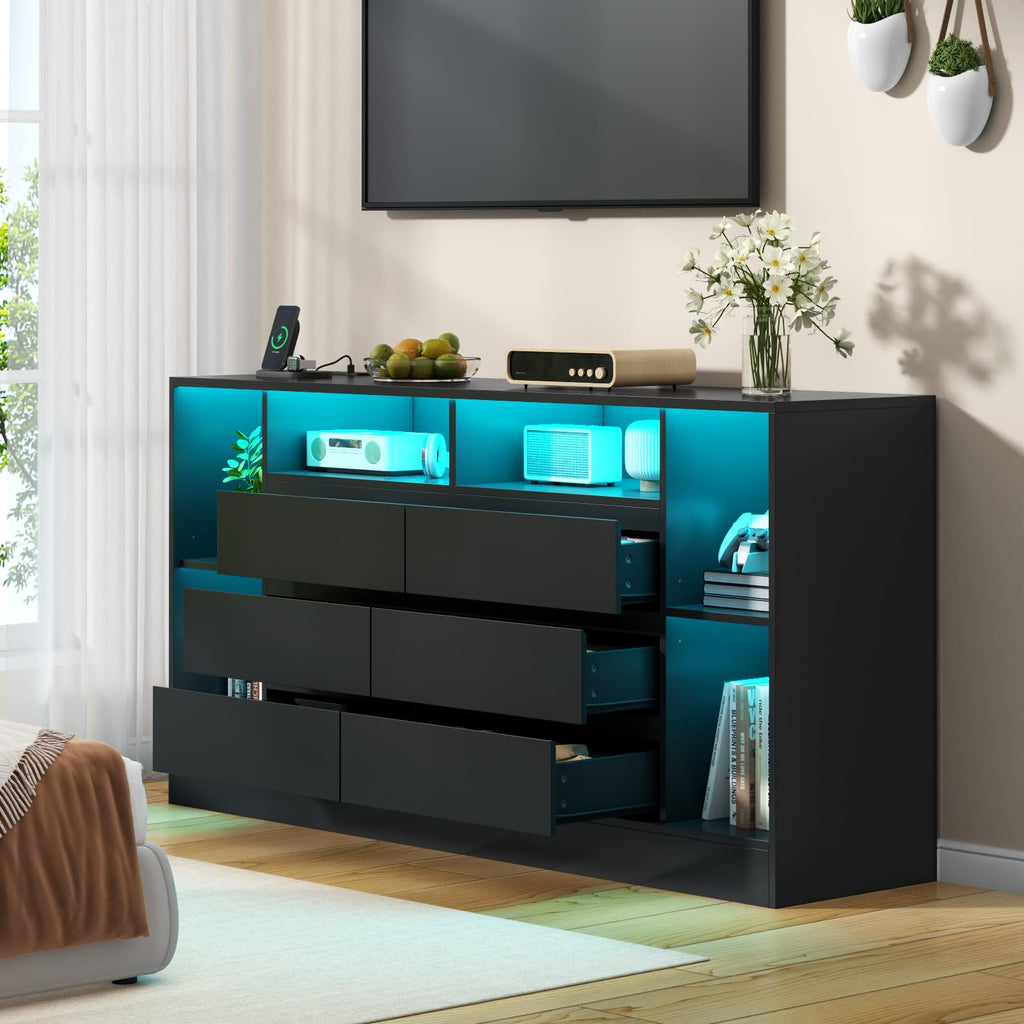 Black 6 Drawer Dresser with Open Storage Cubbies Z6040