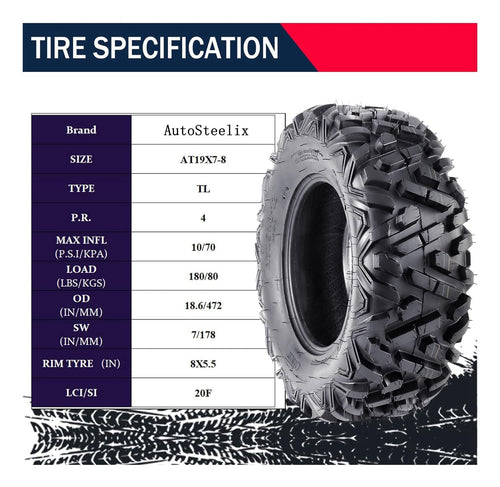 2 Pack 19x7-8 Tubeless All Terrain ATV Tires X299