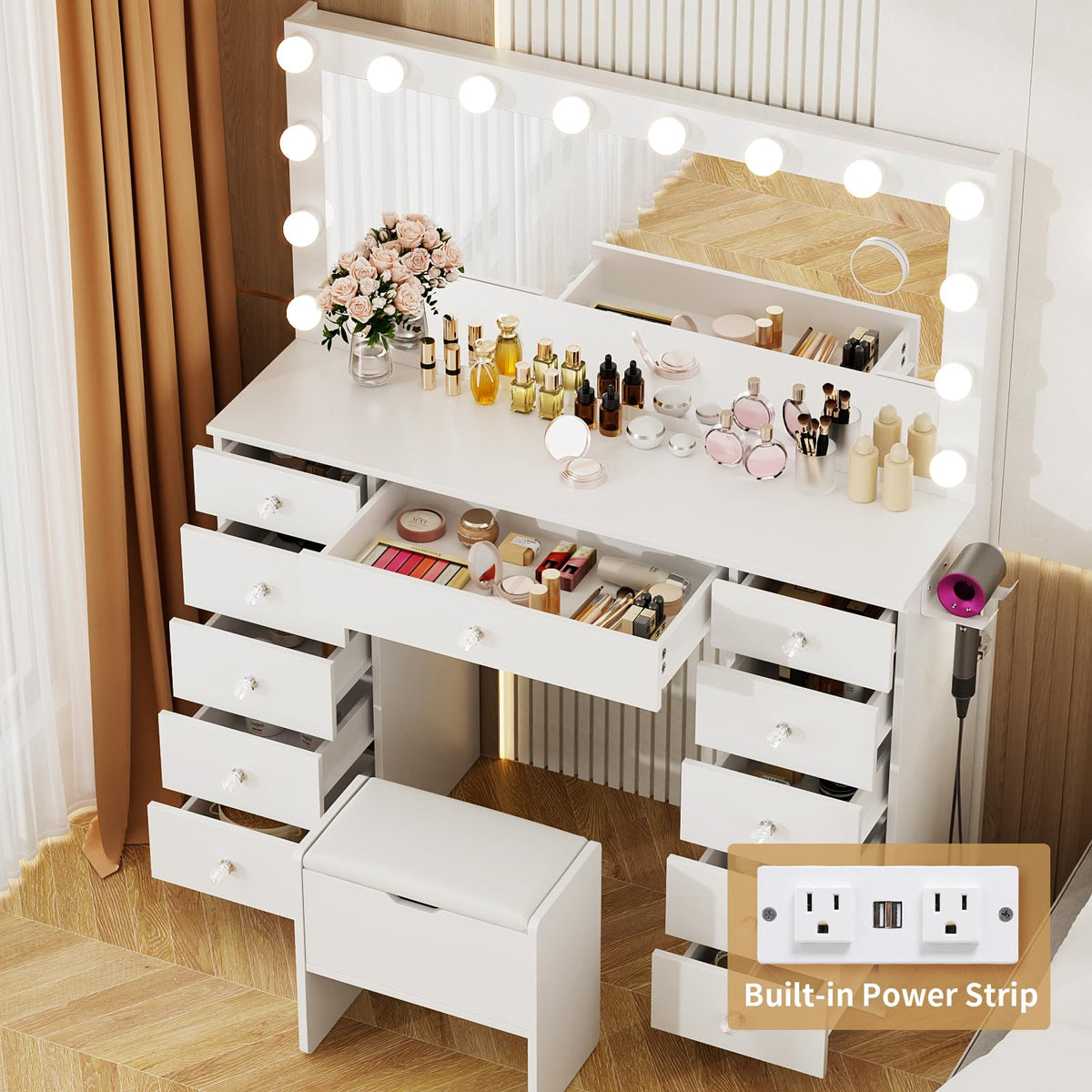 46" Vanity with Lighted Mirror and 11 Drawers X371