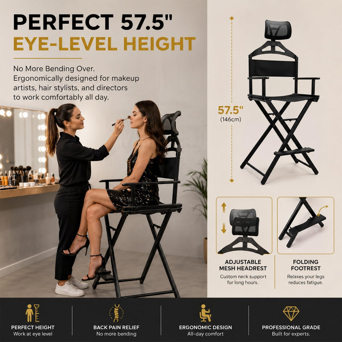 Tall Foldable Makeup Artist Chair with Footrest U473444
