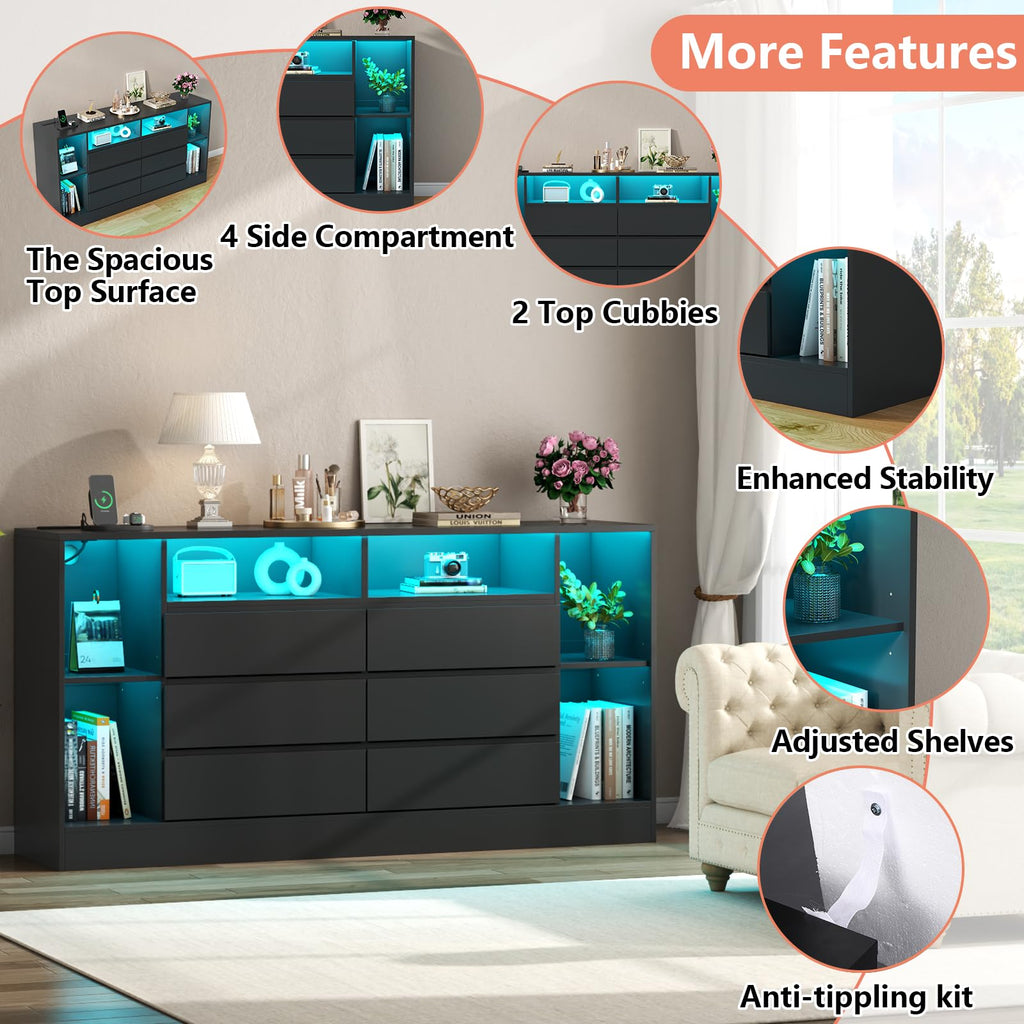 Black 6 Drawer Dresser with Open Storage Cubbies Z6040