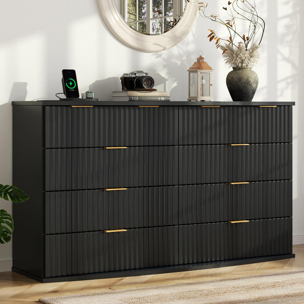 Black 8 Drawer Fluted Wood Dresser with Power Outlet P845801