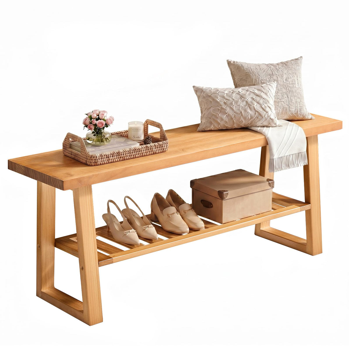 Pine Wood Entryway Bench with Shoe Storage Shelf O49009