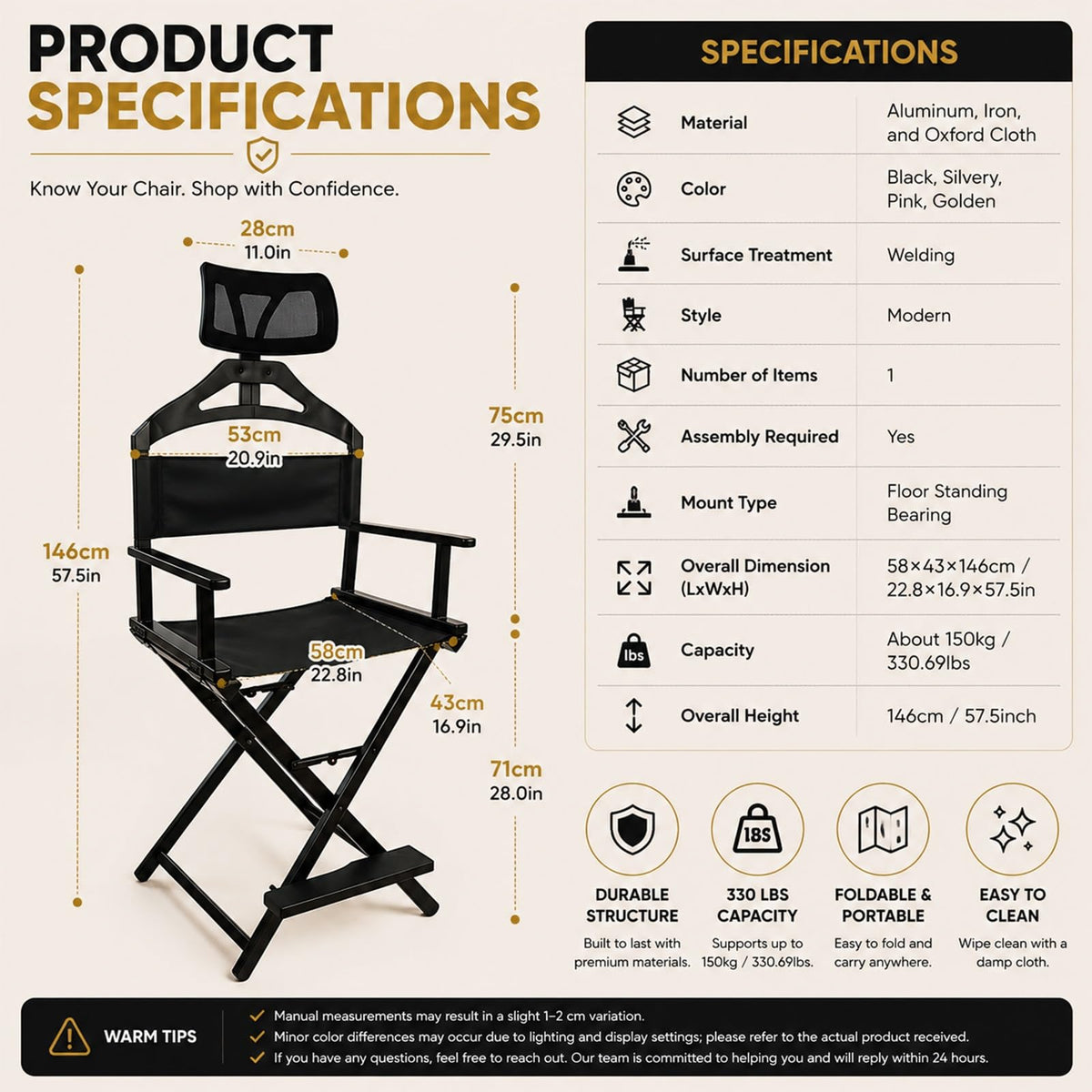Tall Foldable Makeup Artist Chair with Footrest U473444