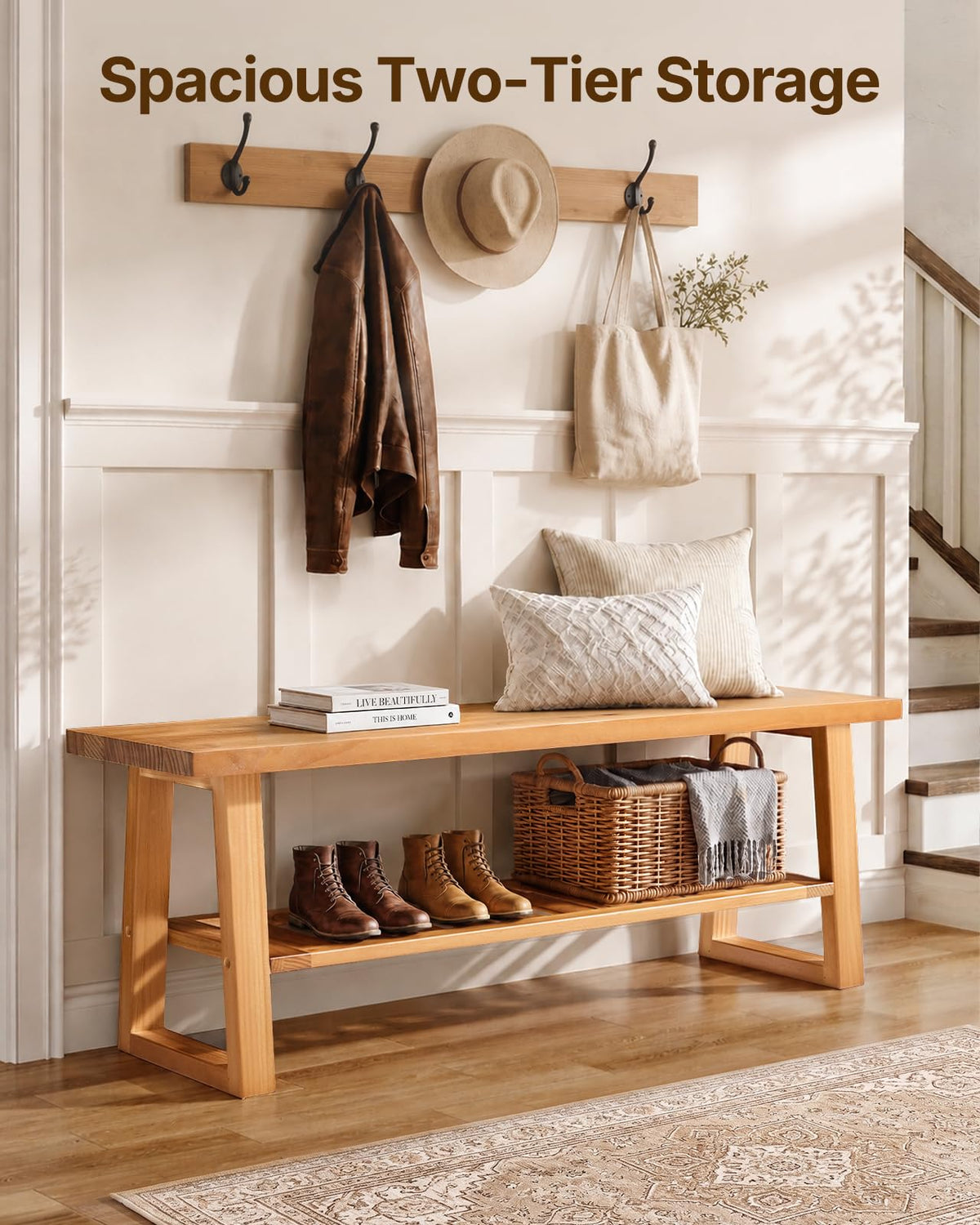 Pine Wood Entryway Bench with Shoe Storage Shelf O49009