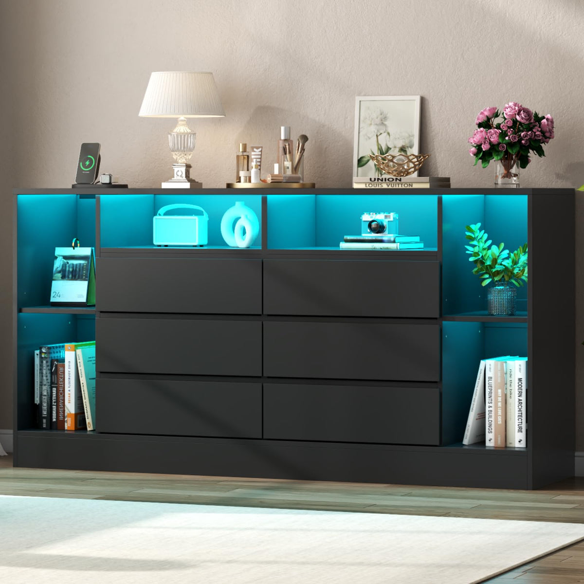Black 6 Drawer Dresser with Open Storage Cubbies Z6040