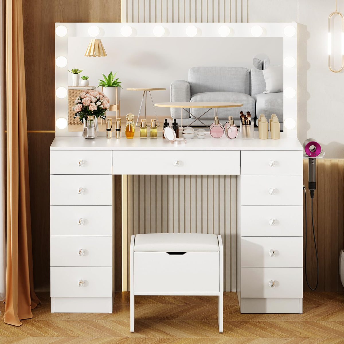 46" Vanity with Lighted Mirror and 11 Drawers X371