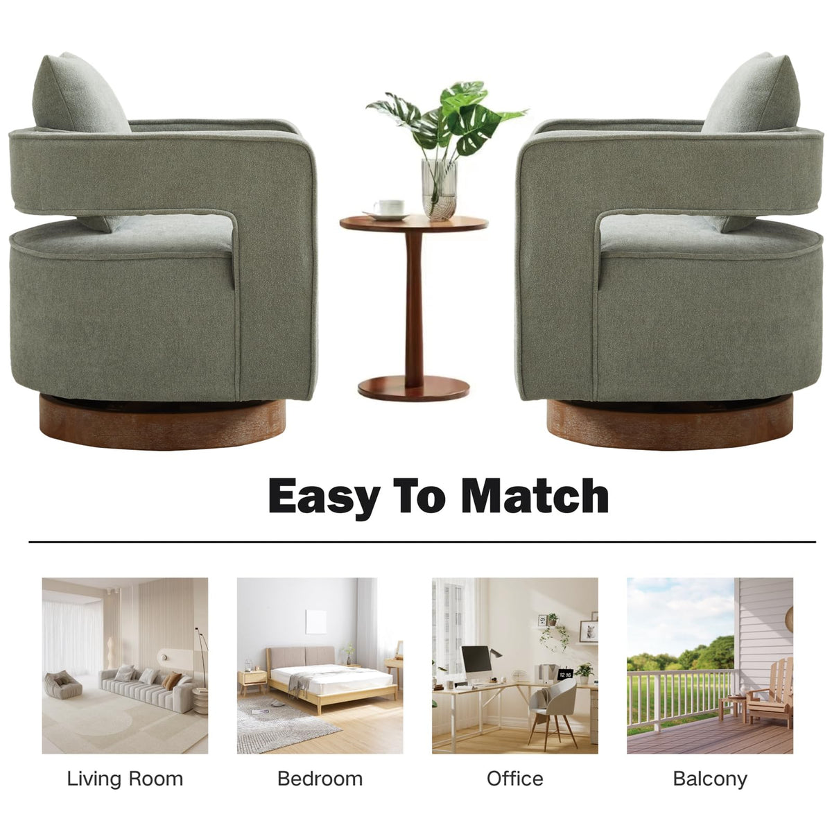 Green Linen Swivel Accent Barrel Chair Set of 2 with Solid Wood Base W4804
