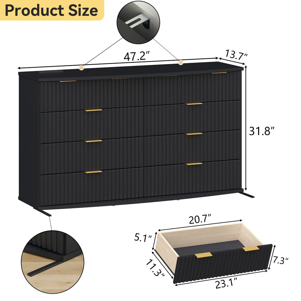 Black 8 Drawer Fluted Wood Dresser with Power Outlet P845801