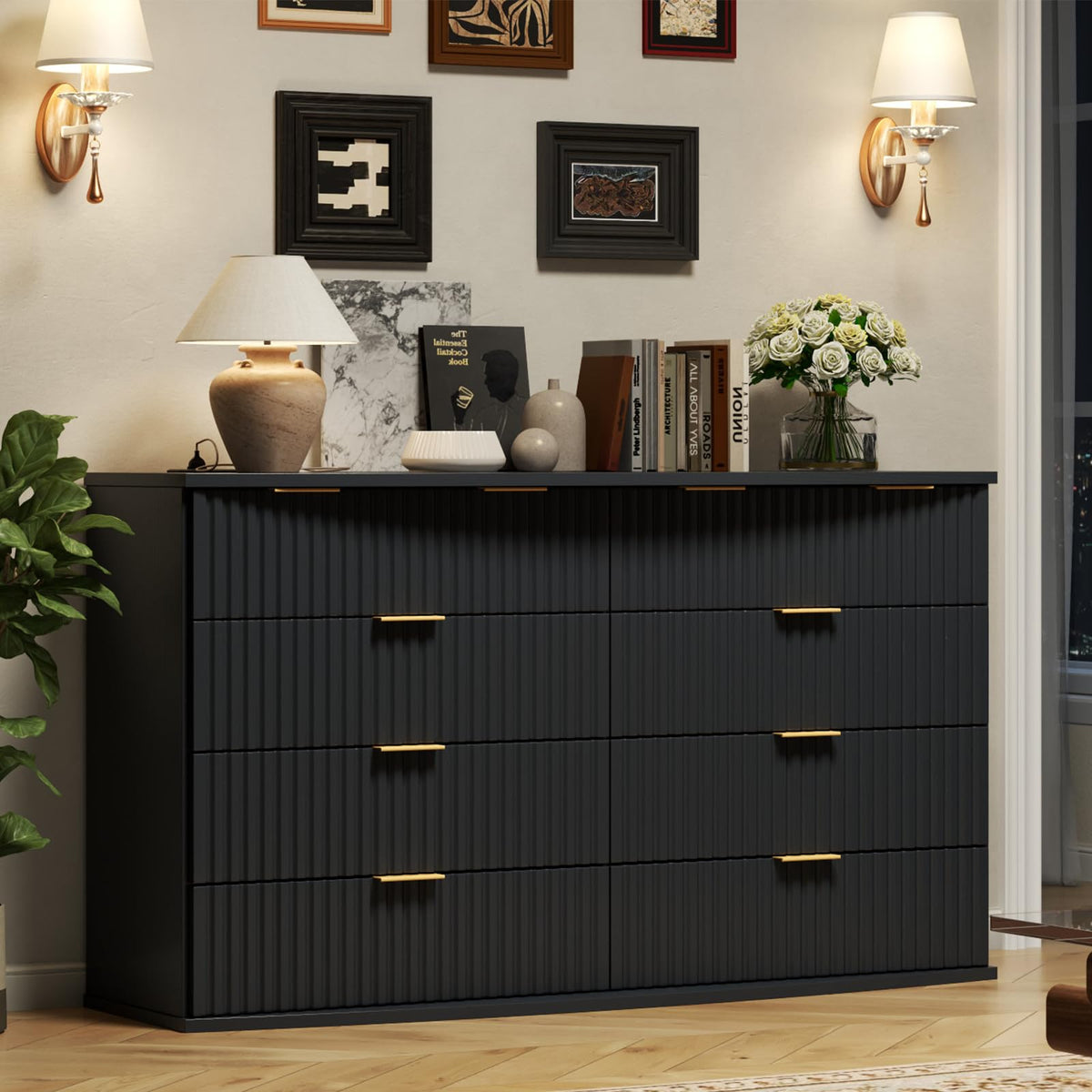 Black 8 Drawer Fluted Wood Dresser with Power Outlet P845801
