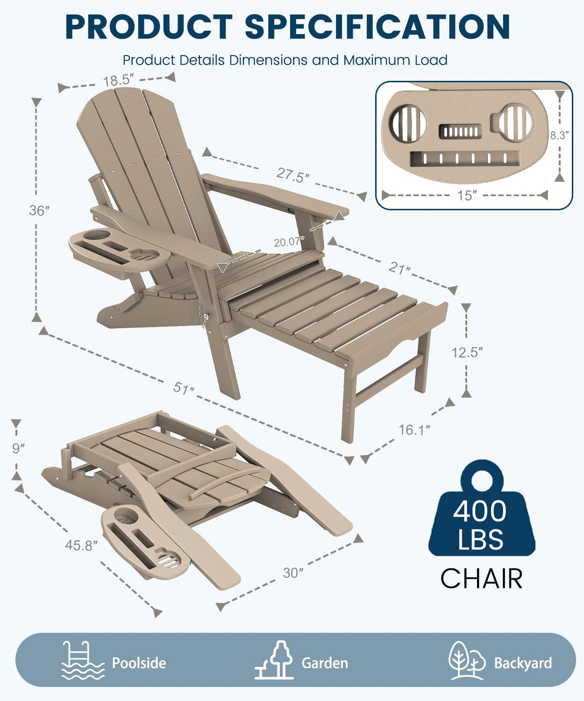 Folding Adjustable Adirondack Chair with Ottoman Set of 2 Z227