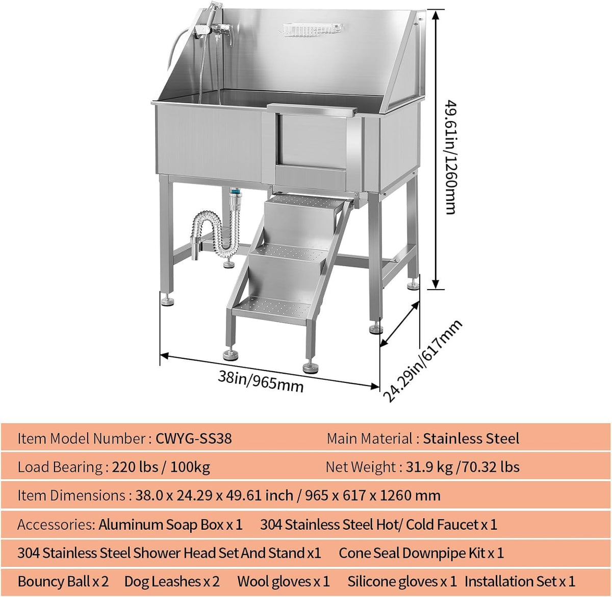 38" Stainless Steel Dog Grooming Tub with Ramp I717
