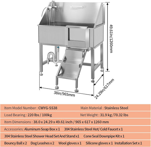 38" Stainless Steel Dog Grooming Tub with Ramp I717