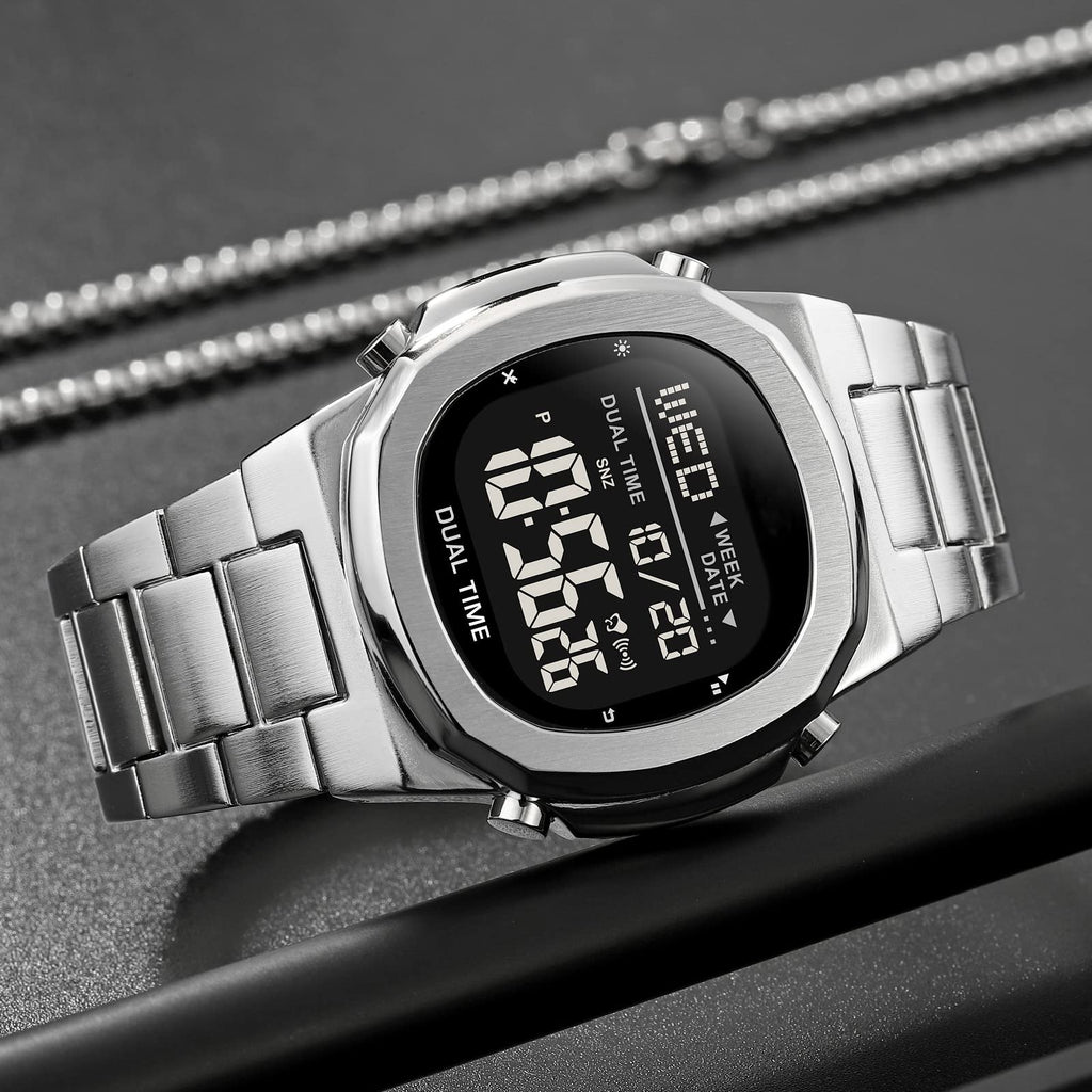 Men's Multifunctional Electronic Outdoor Sports Watch EL Light Large Digital Display Stainless Steel A2336
