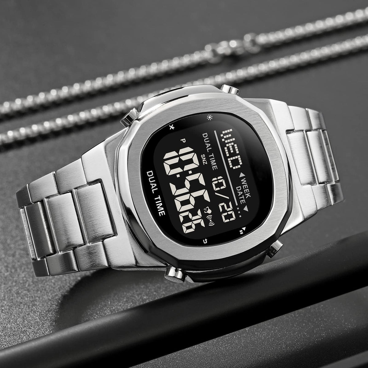 Men's Multifunctional Electronic Outdoor Sports Watch EL Light Large Digital Display Stainless Steel A2336