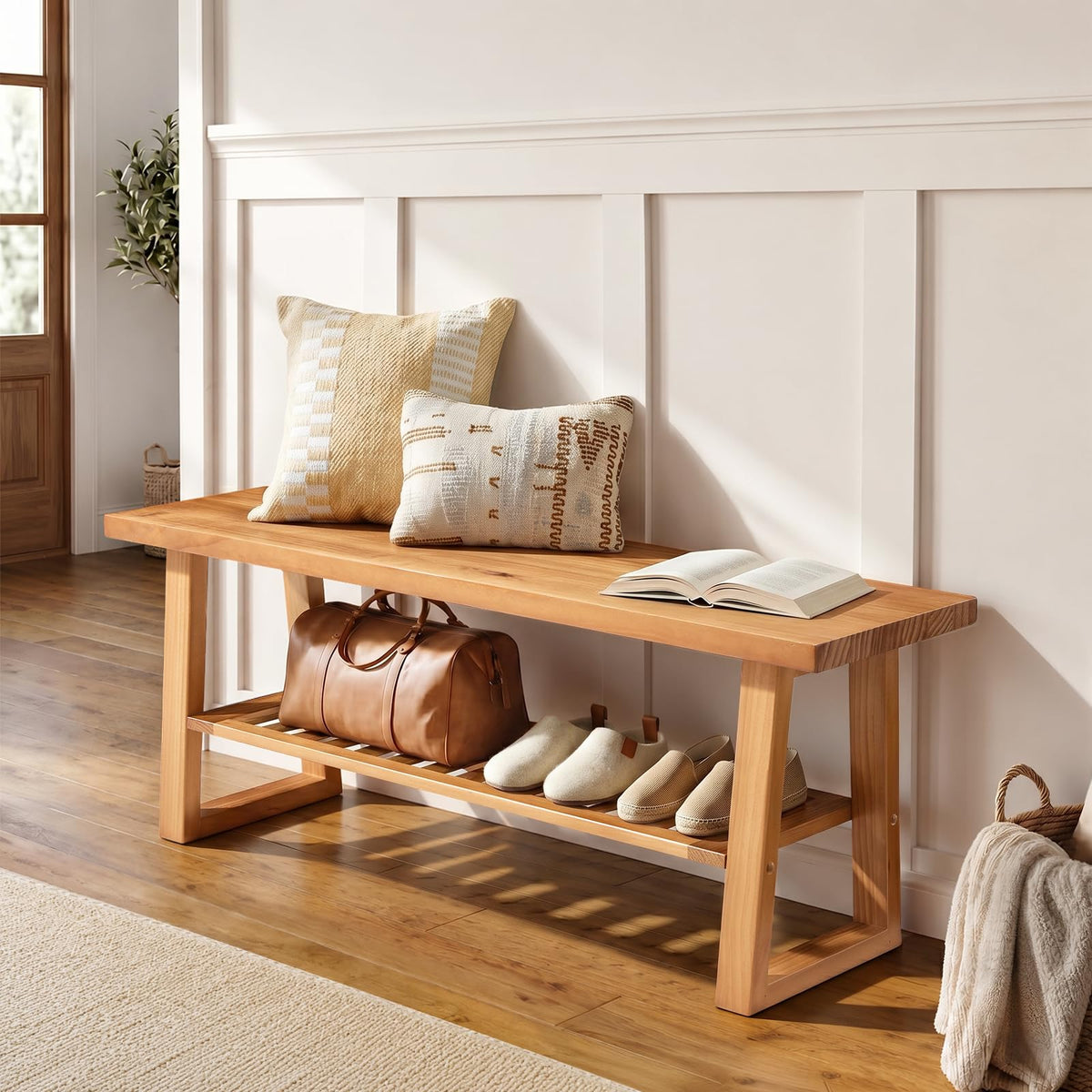 Pine Wood Entryway Bench with Shoe Storage Shelf O49009