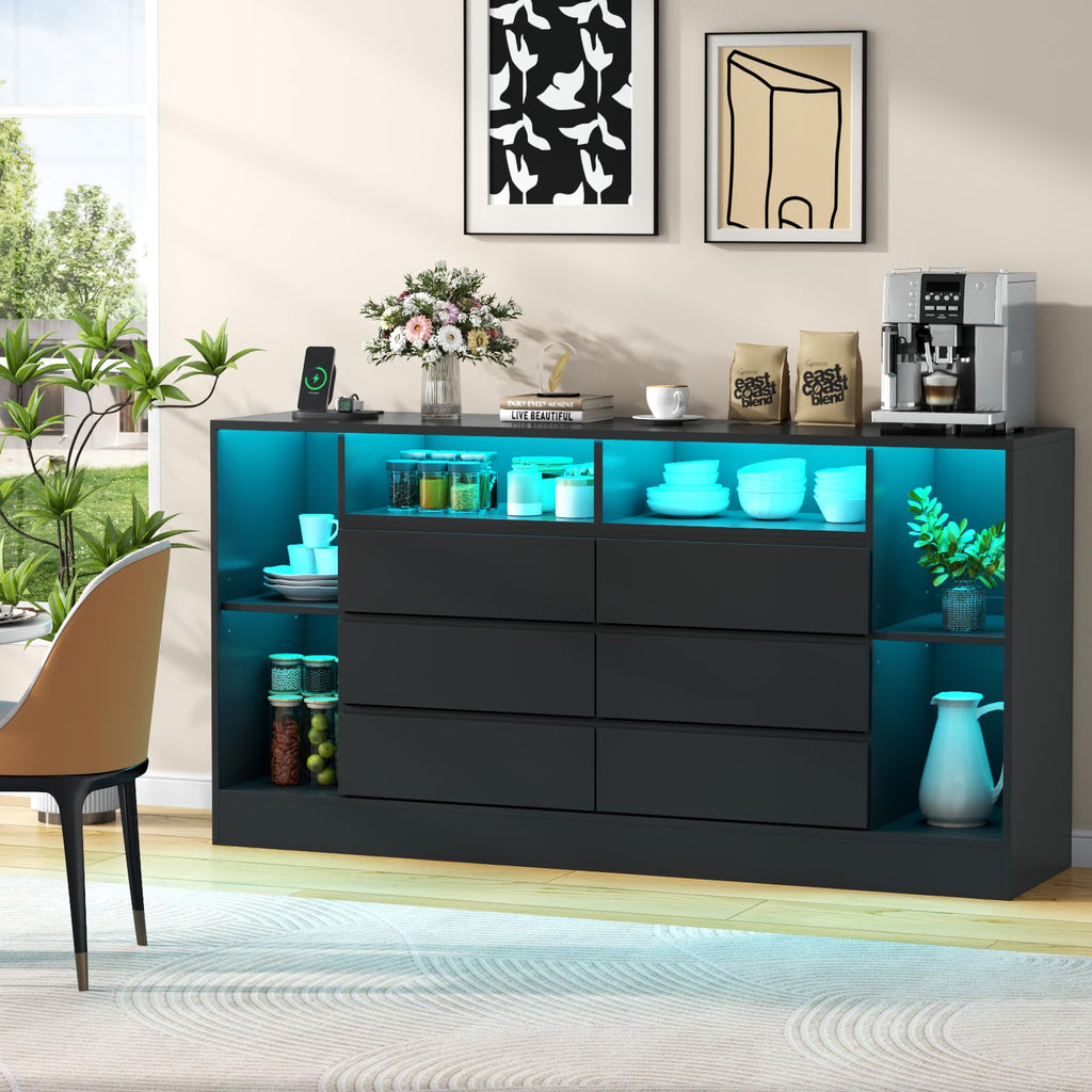 Black 6 Drawer Dresser with Open Storage Cubbies Z6040