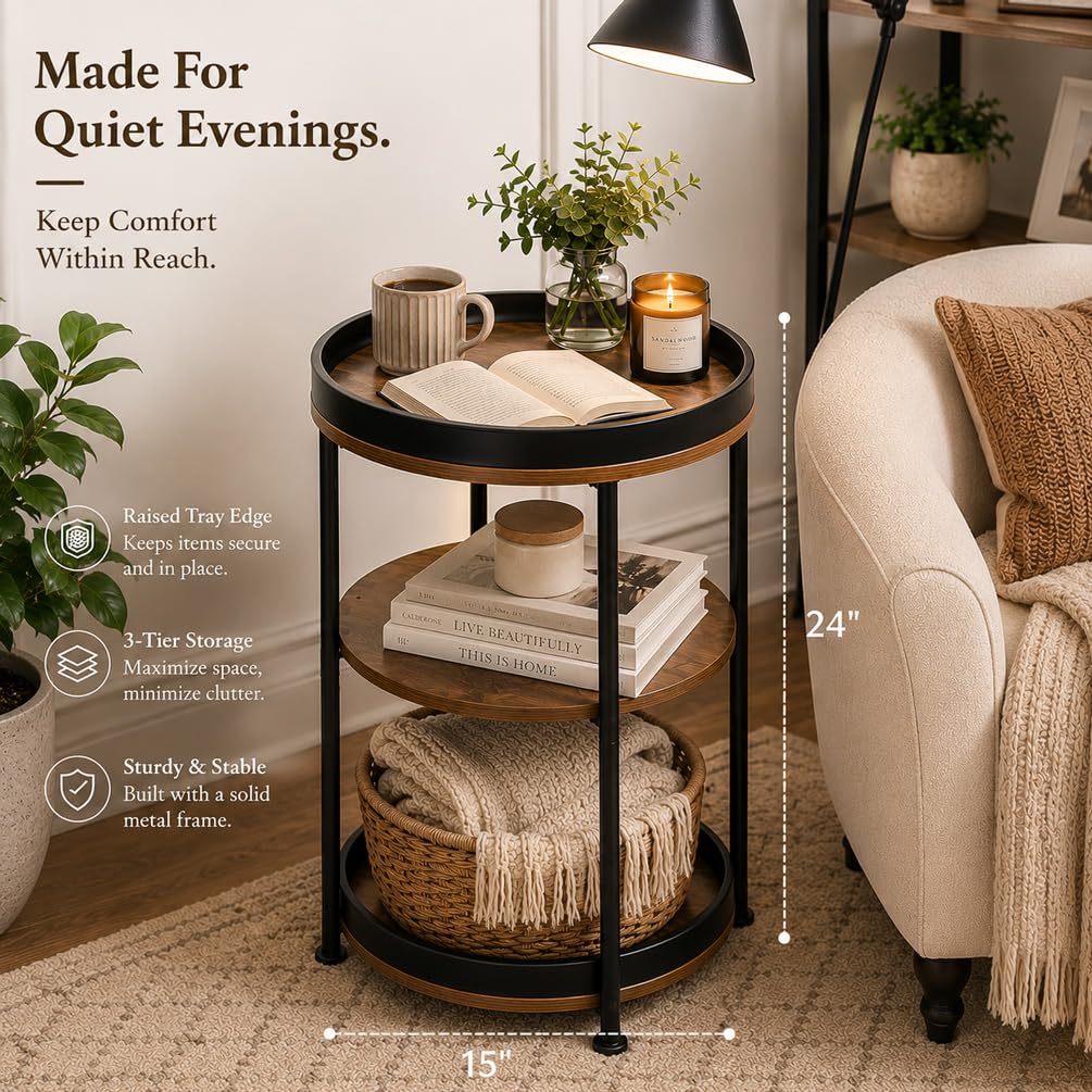 Round Side Table with 3 Storage Shelves X543