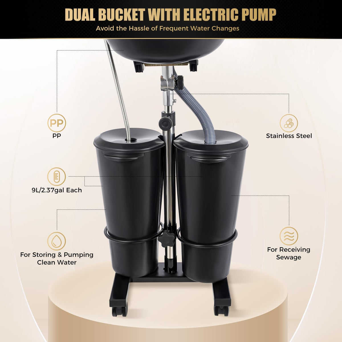 Portable Height & Angle Adjustable Shampoo Bowl with Electric Pump & 2 Bucket S29270