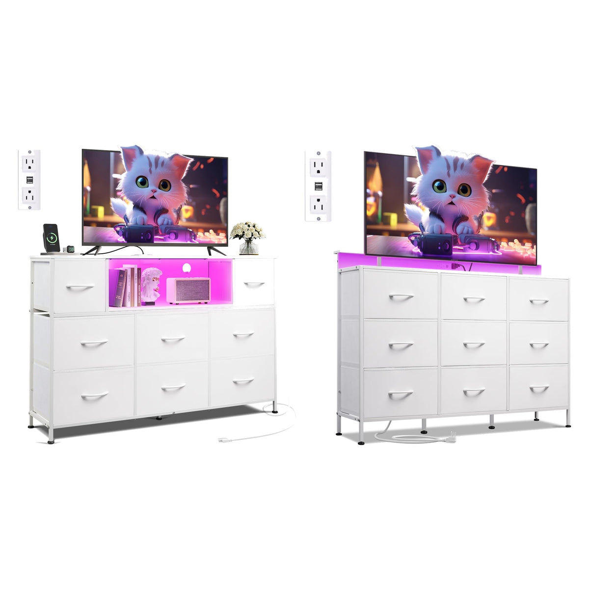 White 2-Piece TV Stand Dresser with 8+9 Fabric Drawers R394709