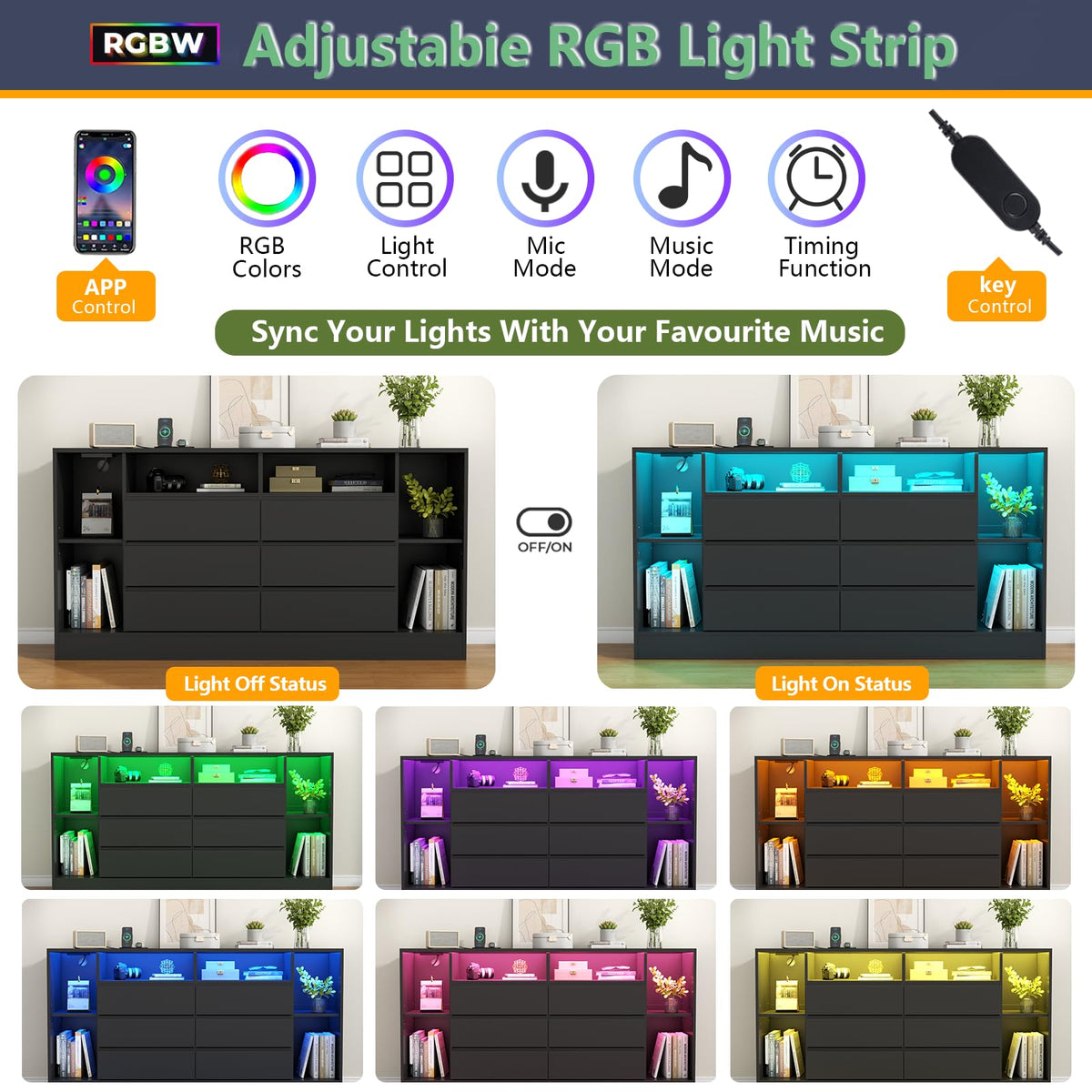 Black 6 Drawer Dresser with Open Storage Cubbies Z6040