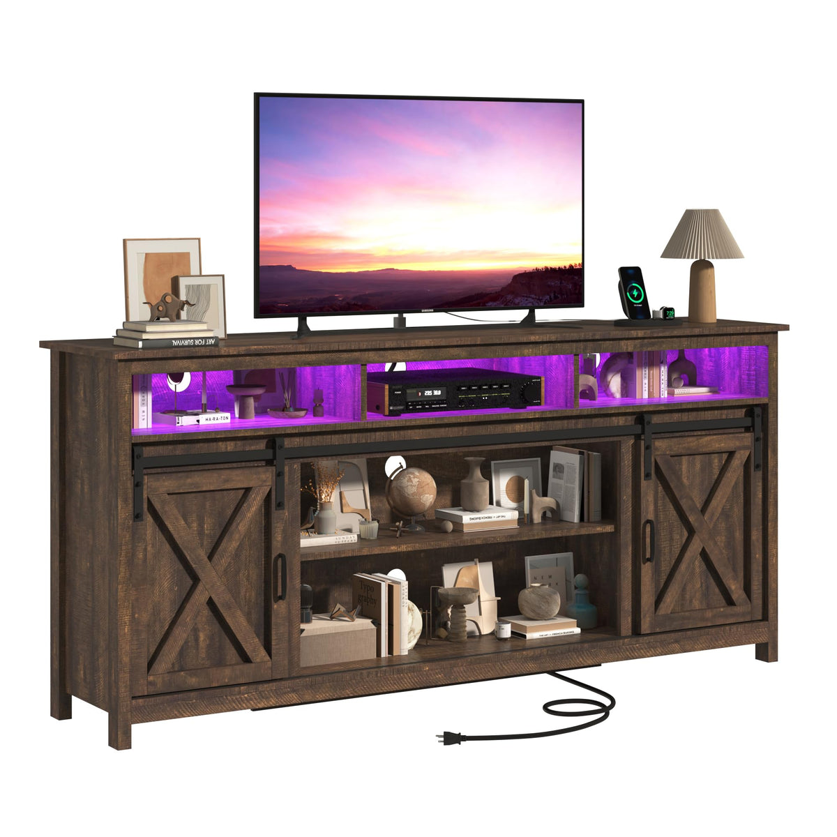 Farmhouse TV Stand with Power Outlet and Sliding Barn Doors Z9295