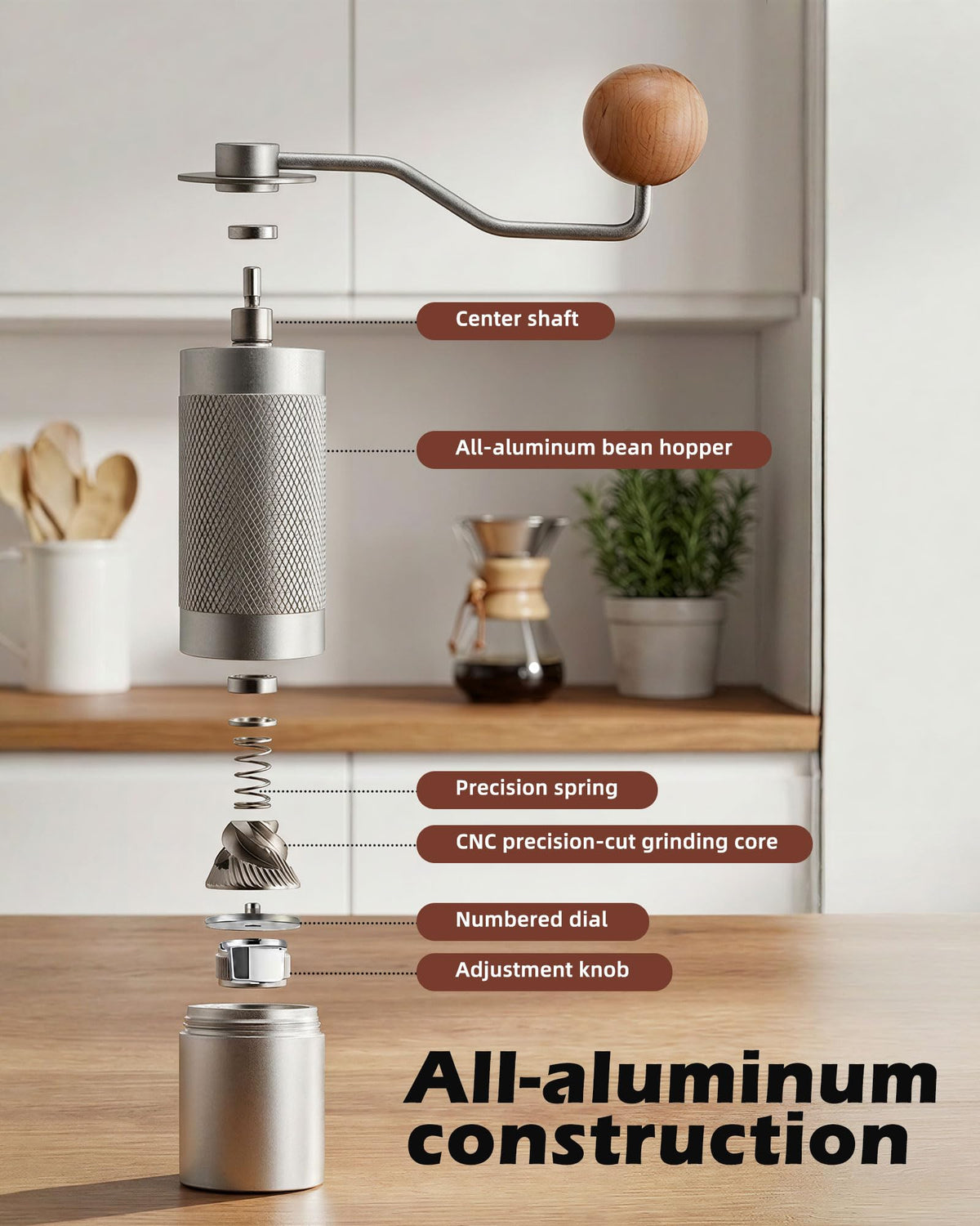 Manual Stainless Steel Conical Burr Coffee Grinder with Adjustable Settings E341342