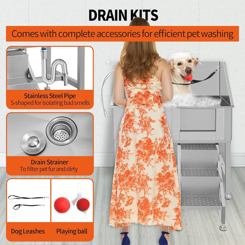 38" Stainless Steel Dog Grooming Tub with Ramp I717