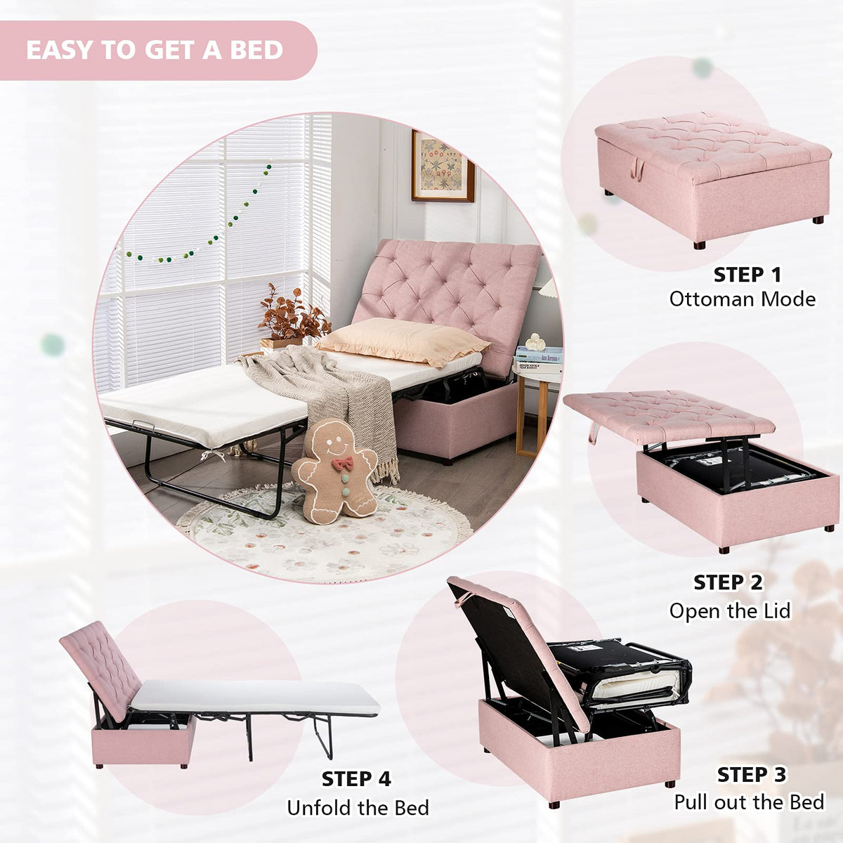 Pink Convertible Sleeper Chair with Mattress F74193