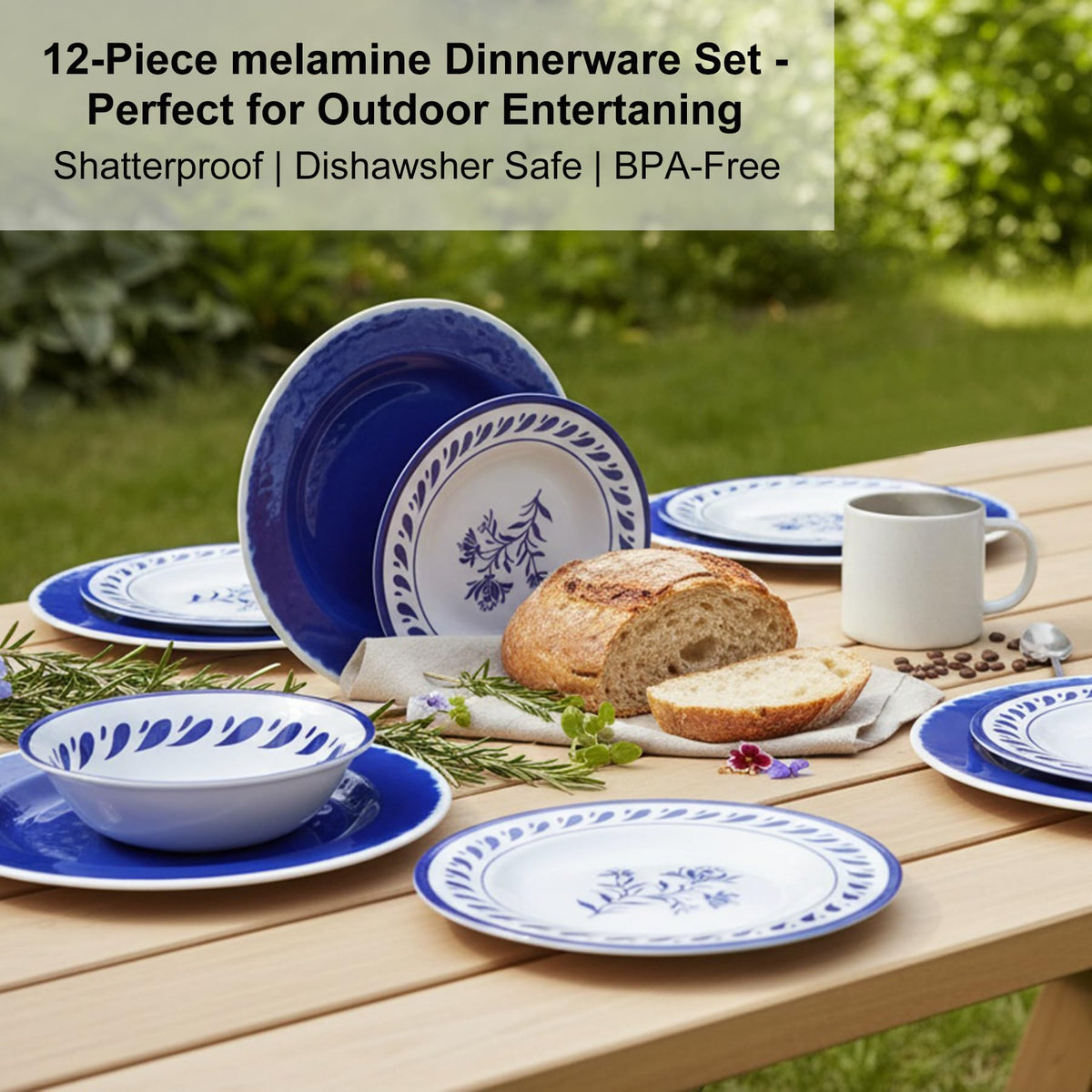 Blue 12-Piece Melamine Dinnerware Set F65374