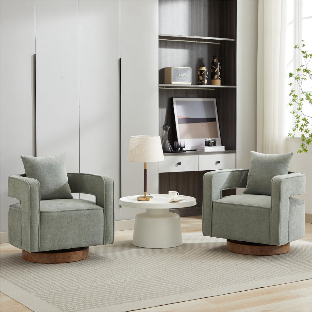Green Linen Swivel Accent Barrel Chair Set of 2 with Solid Wood Base W4804