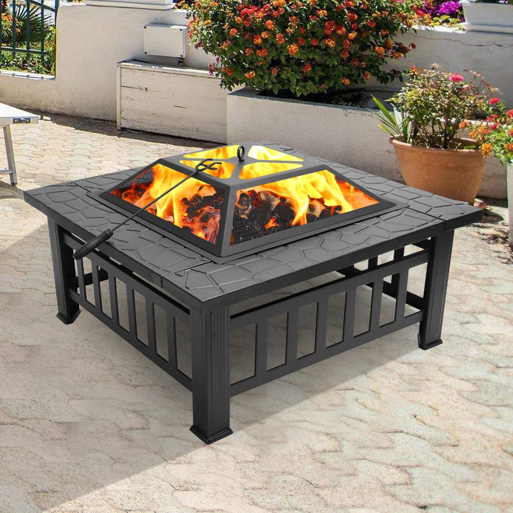 32in Outdoor Metal Wood Burning Fire Pit with Spark Screen E825