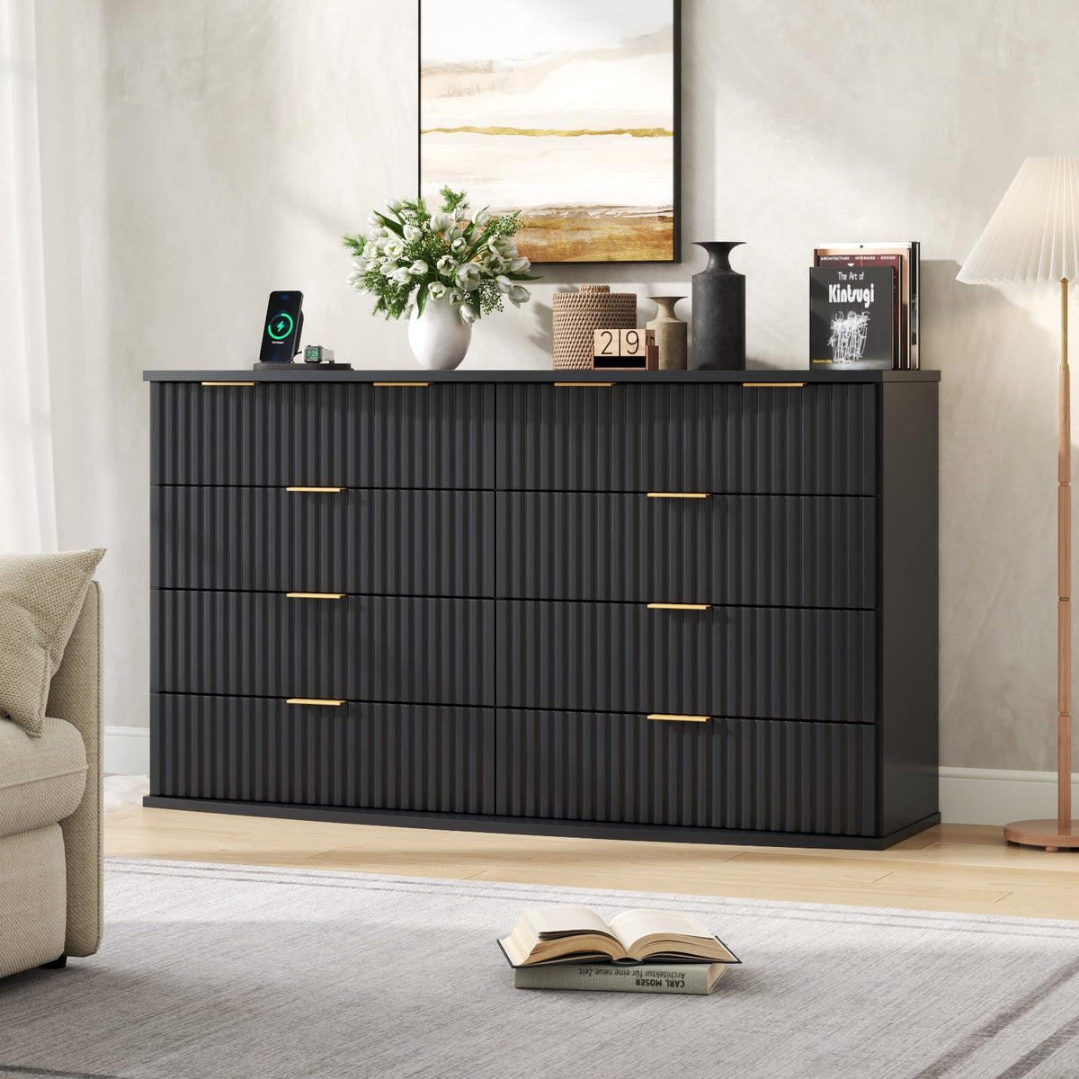 Black 8 Drawer Fluted Wood Dresser with Power Outlet P845801