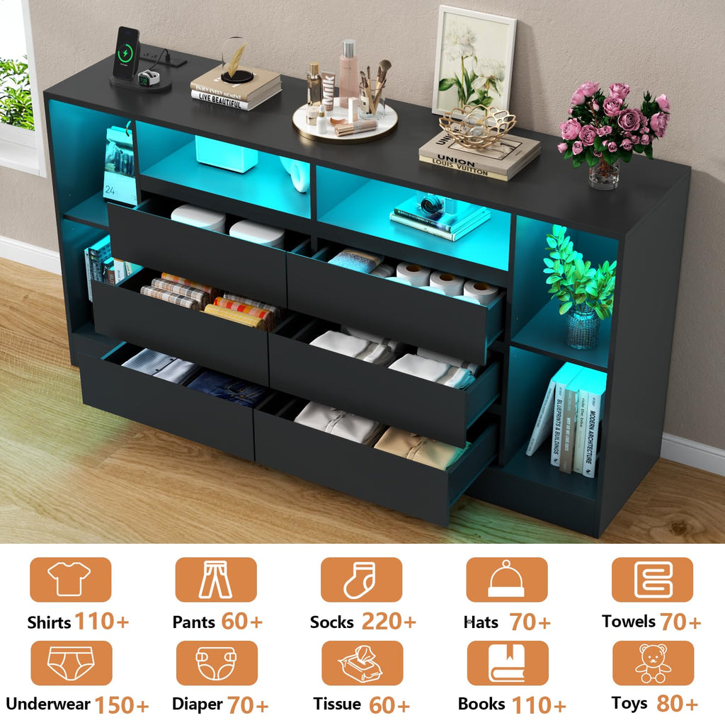 Black 6 Drawer Dresser with Open Storage Cubbies Z6040