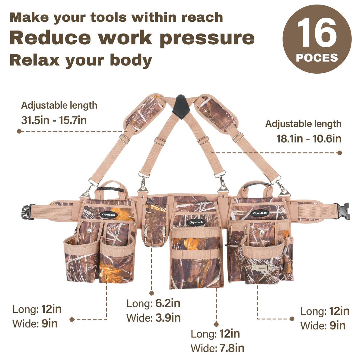 7-Piece Tool Belt Rig with 16 Pockets and Dual Hammer Loops J8219