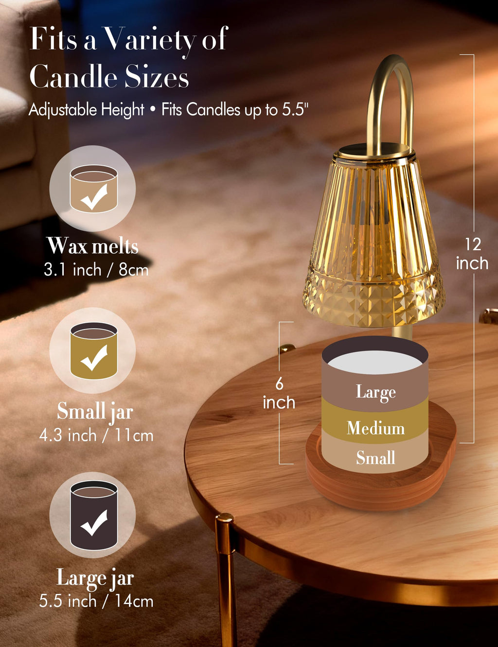 Candle Warmer Lamp with Timer Dimmer, Height Adjustable Wax Melt Warmer with 2 Bulbs, Gold R834