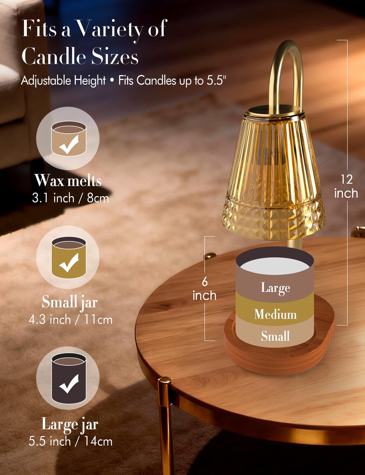 Candle Warmer Lamp with Timer Dimmer, Height Adjustable Wax Melt Warmer with 2 Bulbs, Gold R834
